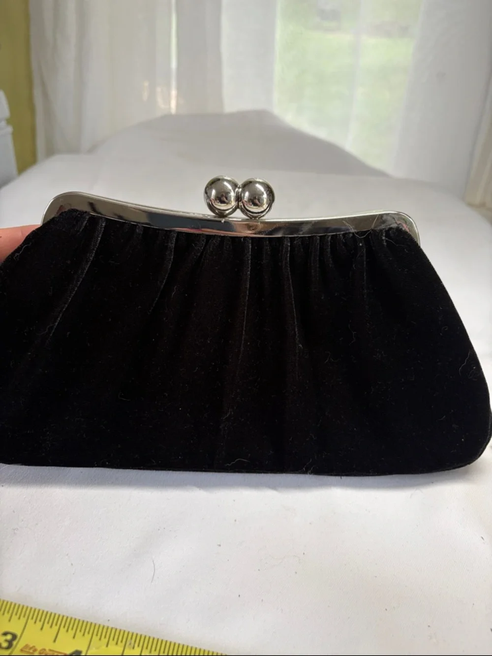 Black Velvet Lined Synthetic Evening Clutch with Silver Kisslock Frame